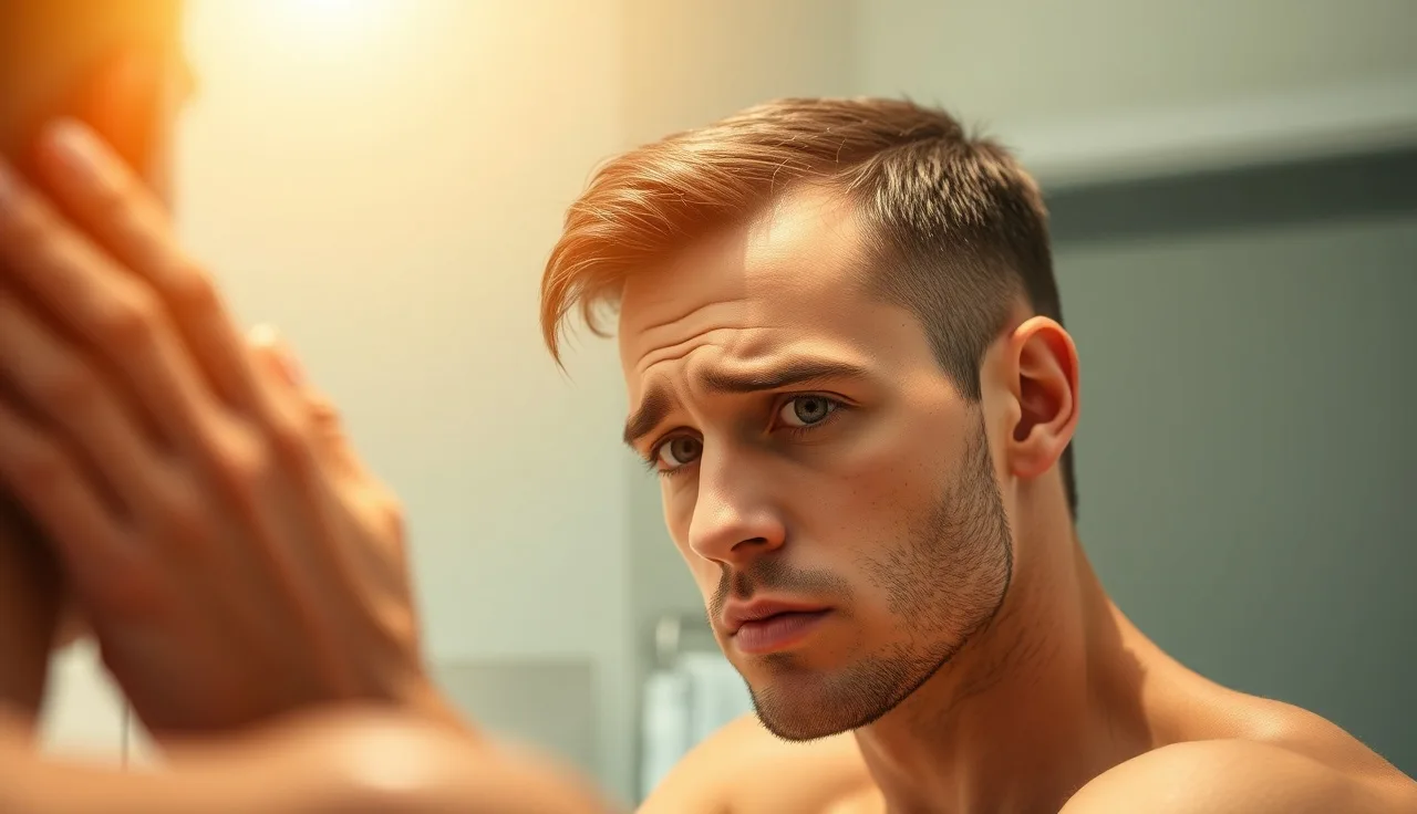 Young man closely examining his hairline in a bathroom mirror for early hair loss signs