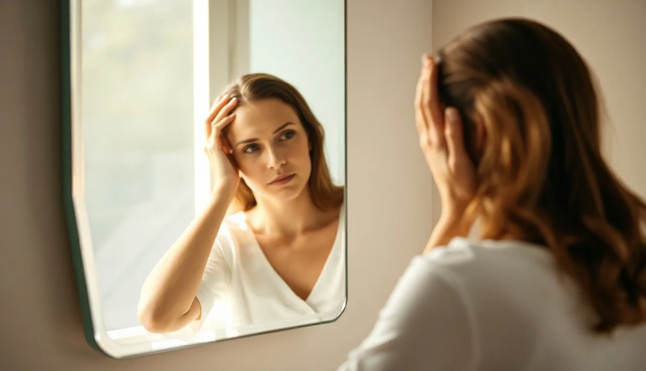 Woman examining her scalp in a bathroom mirror for hair loss