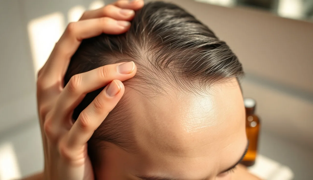 Person gently parting hair to examine scalp with a small oil bottle nearby