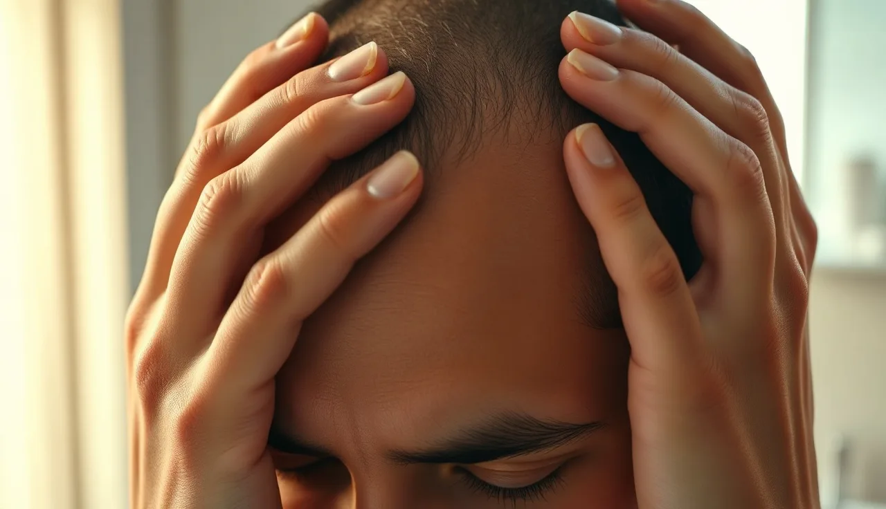 Man performing a scalp massage along his receding hairline in morning light