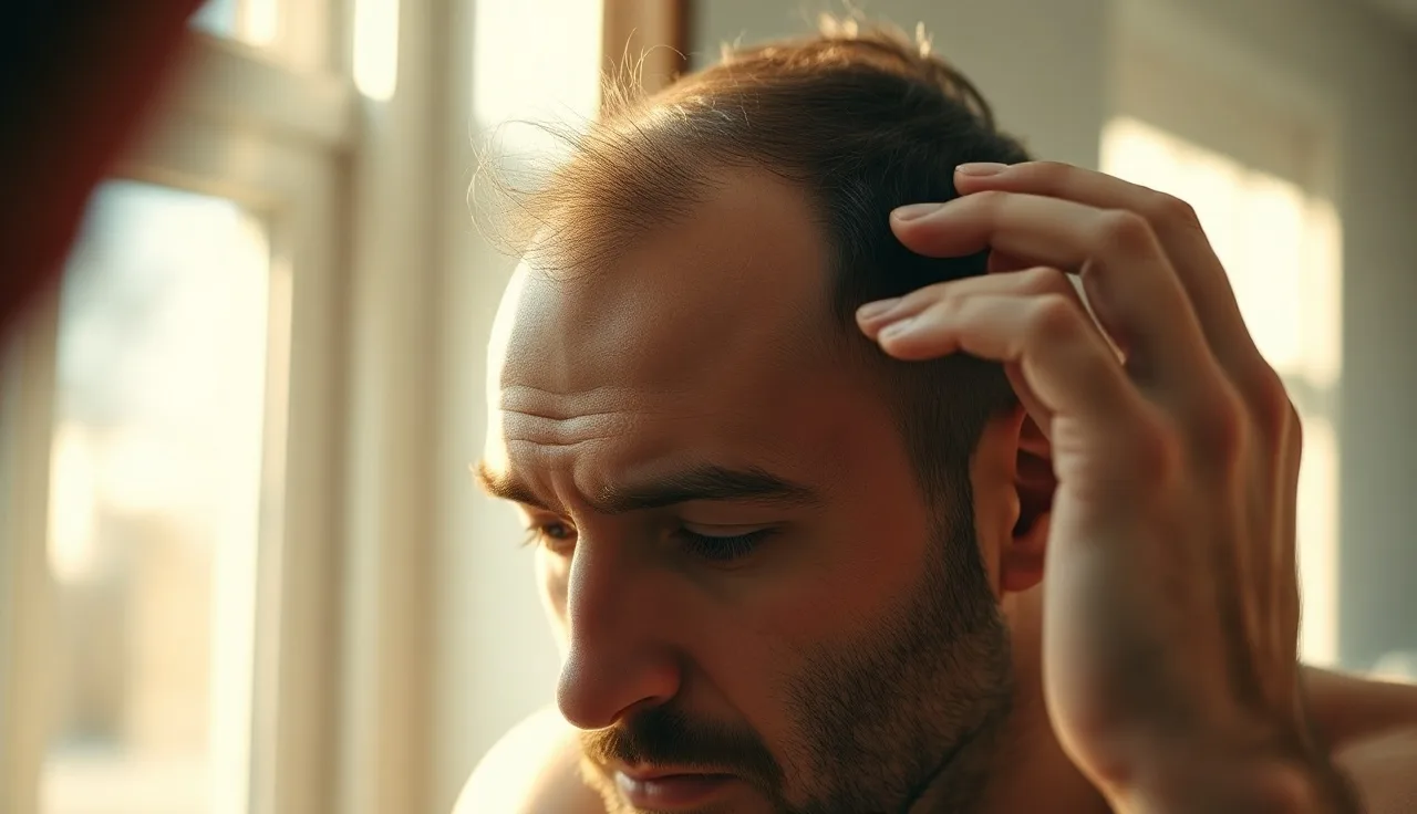Man examining his receding hairline in a bathroom mirror in natural light