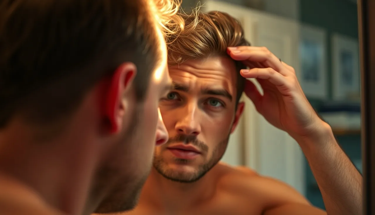 Man examining his receding hairline in a bathroom mirror in morning light