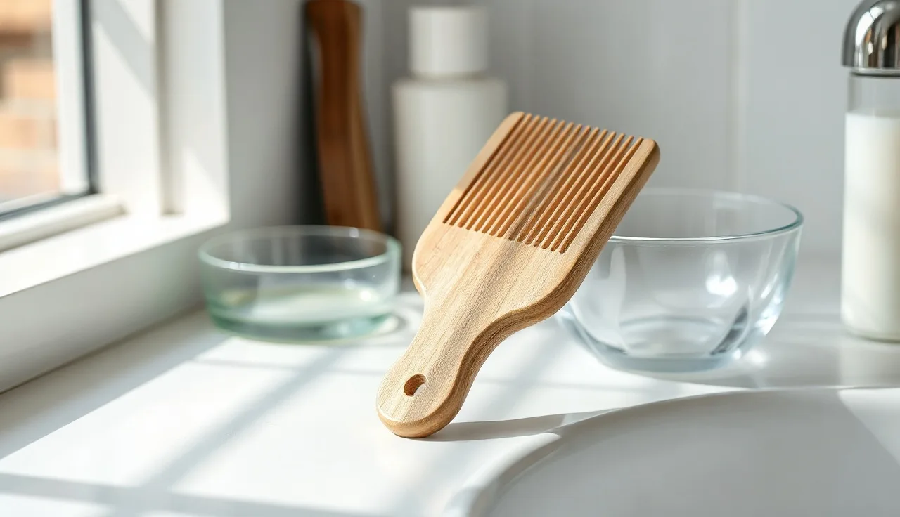Wooden comb on bathroom counter with loose hairs, representing telogen effluvium hair shedding