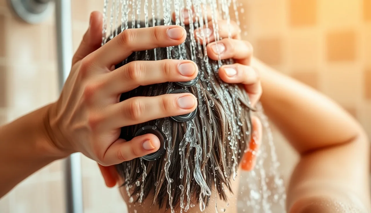 Hands using fingertip pads to massage a wet scalp under shower water