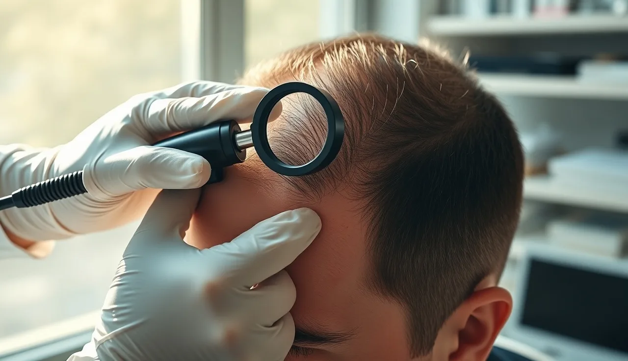 Doctor examining a man's hairline with a magnifying loupe in a clinic