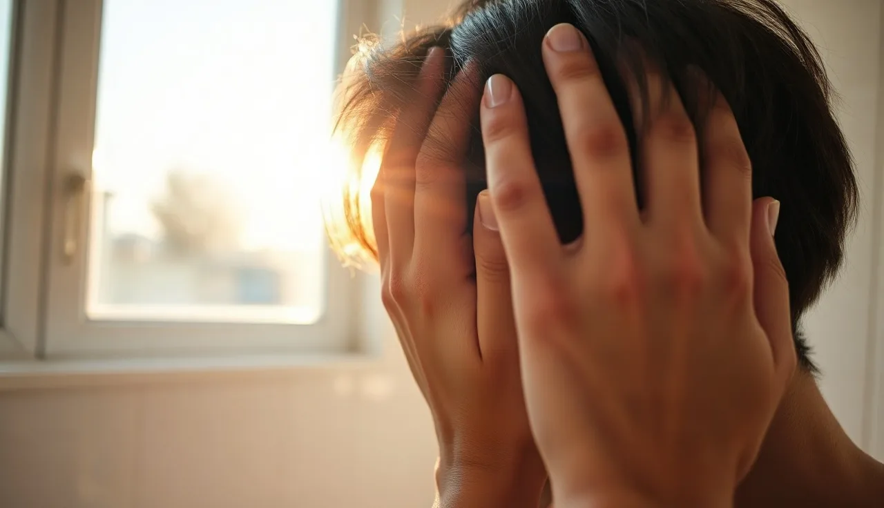Person massaging their scalp near a bright window to help reduce hair loss