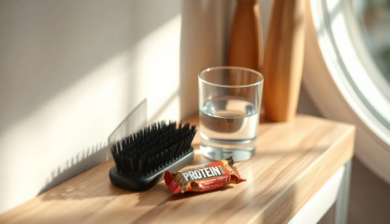 Bathroom shelf with hairbrush and protein bar, natural morning light