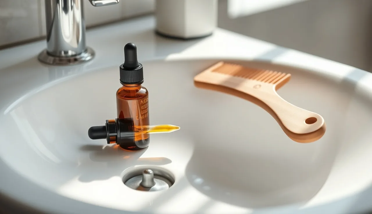 Minoxidil dropper bottle beside a comb on a bathroom countertop