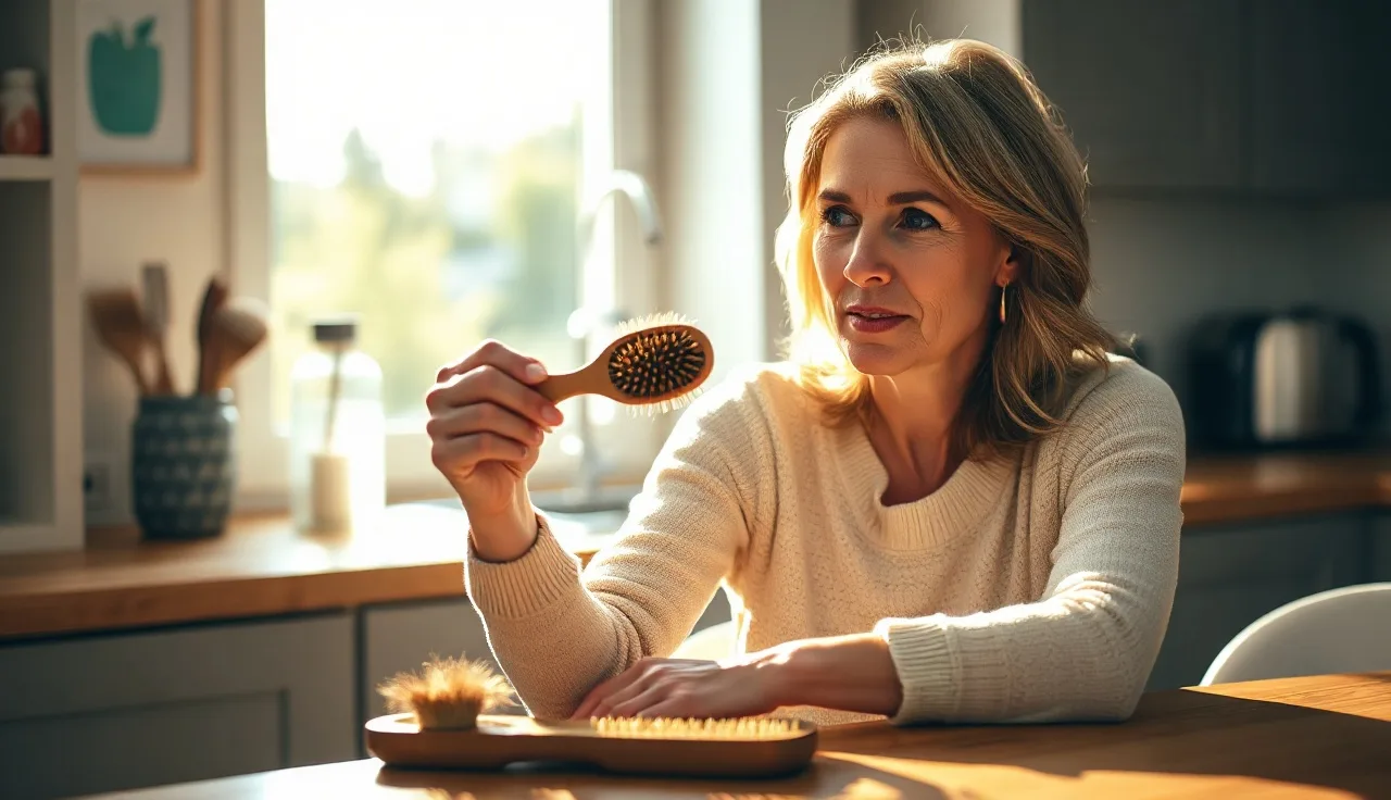 Woman examining shed hair from a brush at a sunlit kitchen table