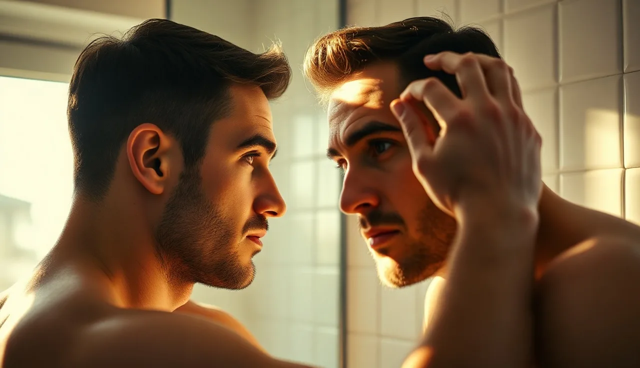 Man examining receding hairline in bathroom mirror under morning light