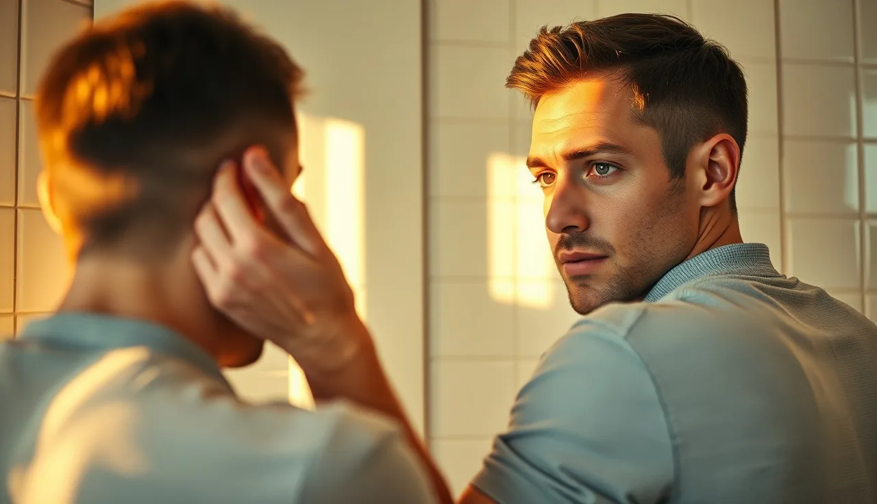 Man examining receding hairline in bathroom mirror under warm morning light