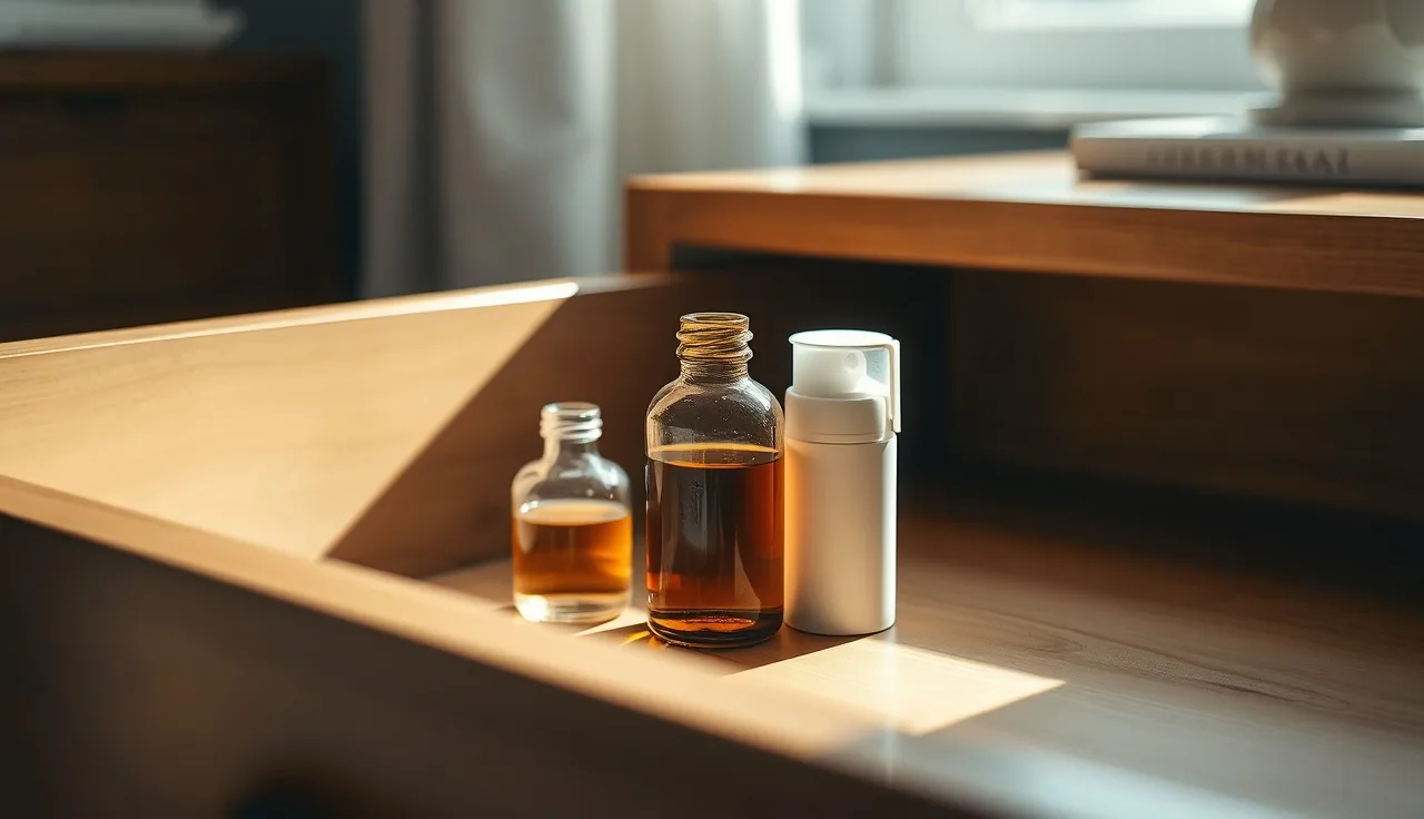 Minoxidil liquid bottle and foam canister stored in a wooden dresser drawer
