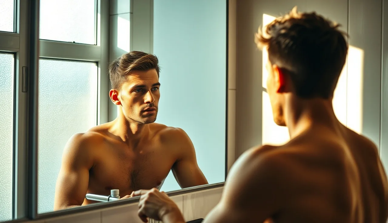 Man with textured crop hairstyle checking his hairline in a bathroom mirror