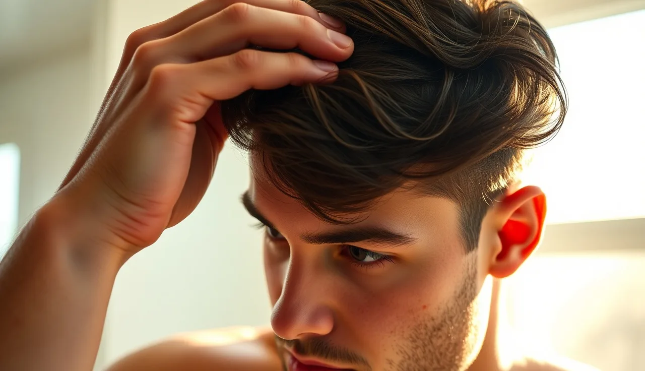 Man examining his widow's peak and temple hairline in a bathroom mirror