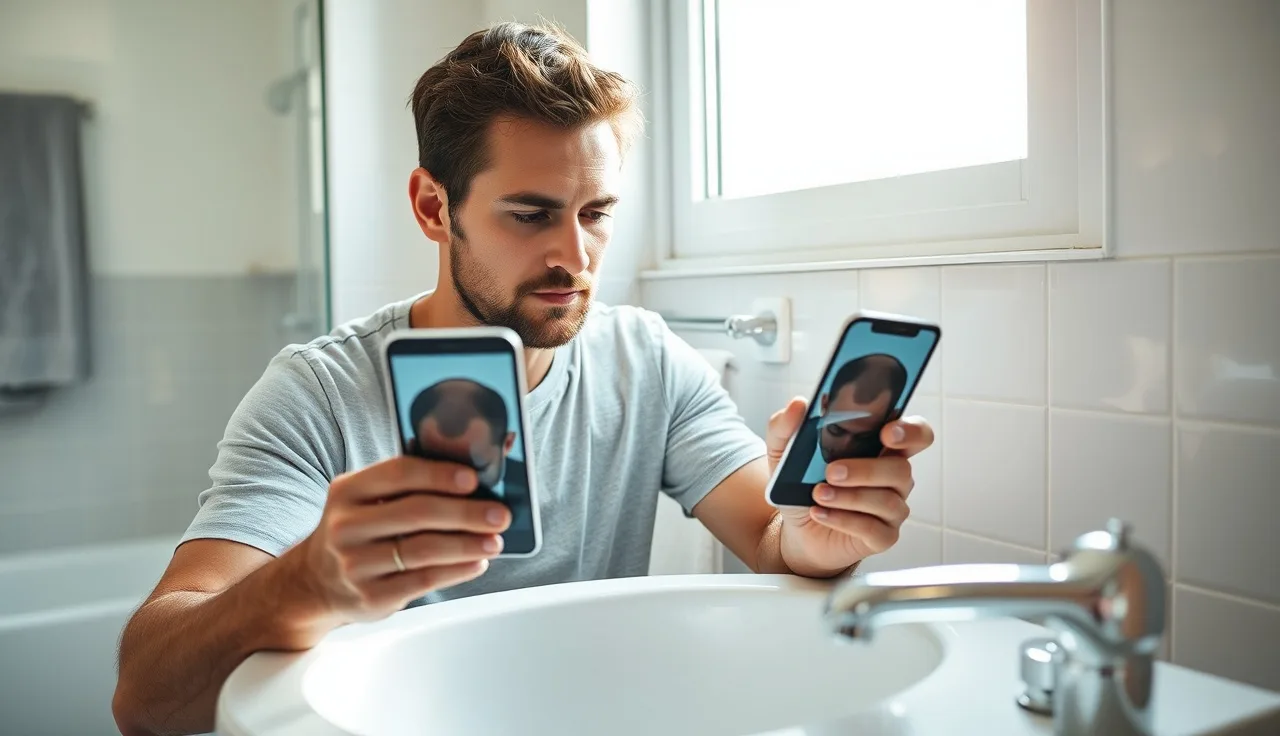Man comparing two scalp photos under natural window light to assess hair loss treatment progress
