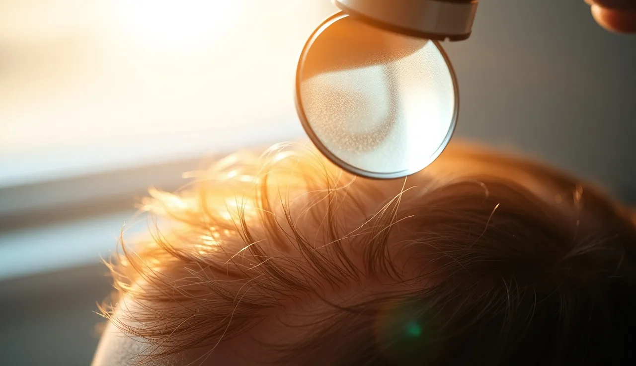 Dermatologist examining scalp hair miniaturization with a magnifying lens in natural light