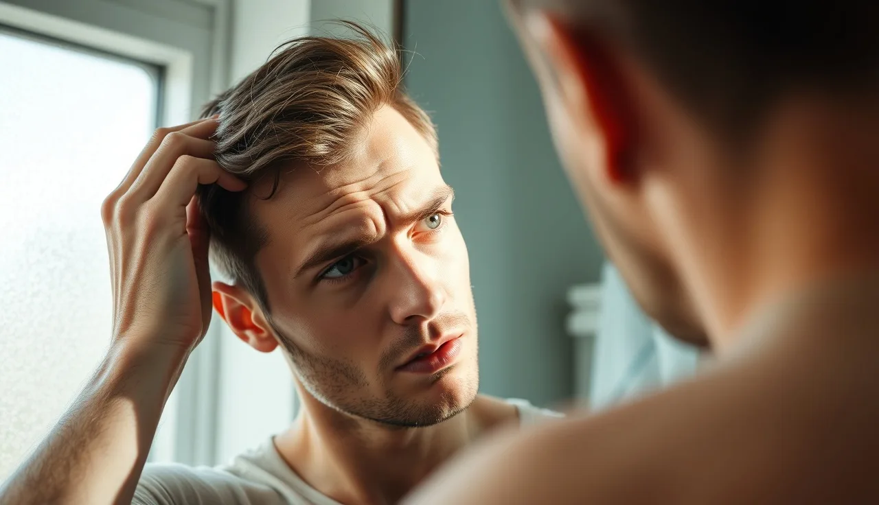 Young man examining his hairline in a bathroom mirror in morning light