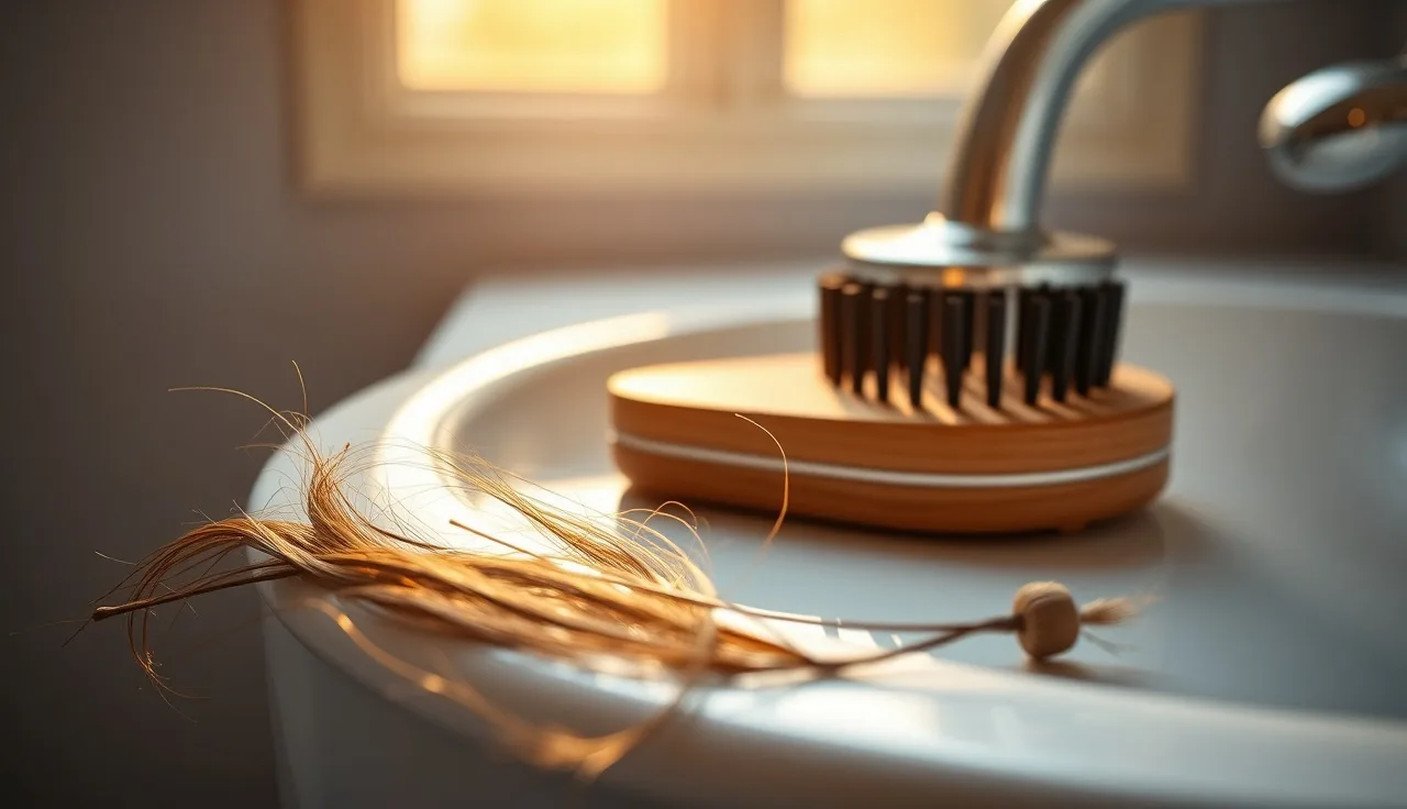 Hairbrush with shed strands showing root bulbs beside broken hair pieces on white countertop