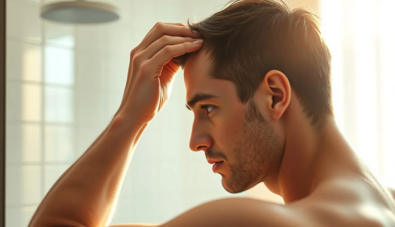 Young man examining his hairline closely in a bathroom mirror