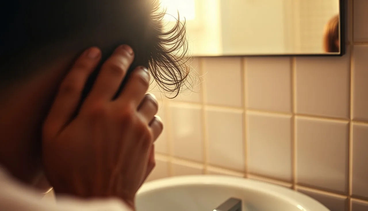 Man examining his hairline in a bathroom mirror with shed hairs on the sink