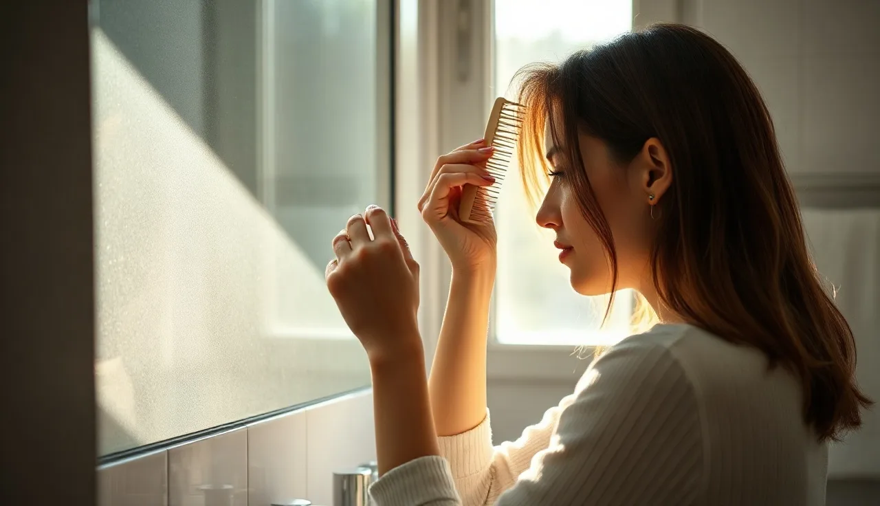 Woman examining hair shed on a wide-tooth comb in morning bathroom light