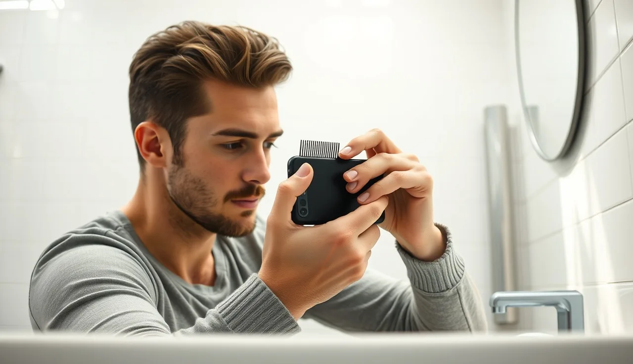 Man photographing his scalp with a smartphone to measure hair density at home