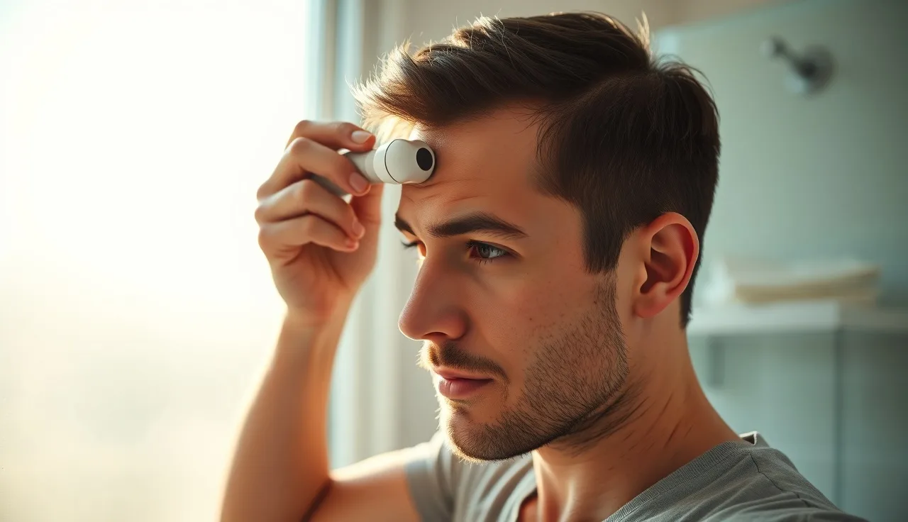 Person using a handheld dermatoscope to examine their scalp in morning light