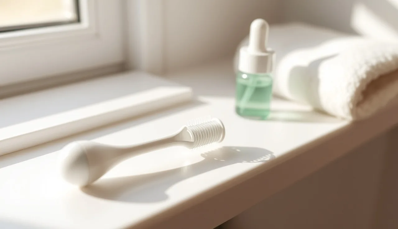 Dermaroller and dropper bottle on a bathroom shelf for hair loss treatment