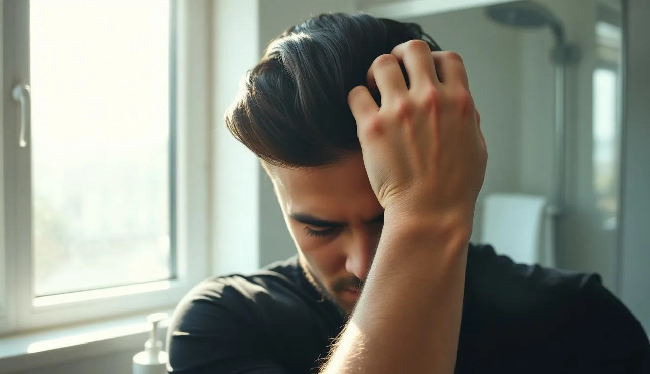 Man parting hair on scalp to apply minoxidil foam in sunlit bathroom