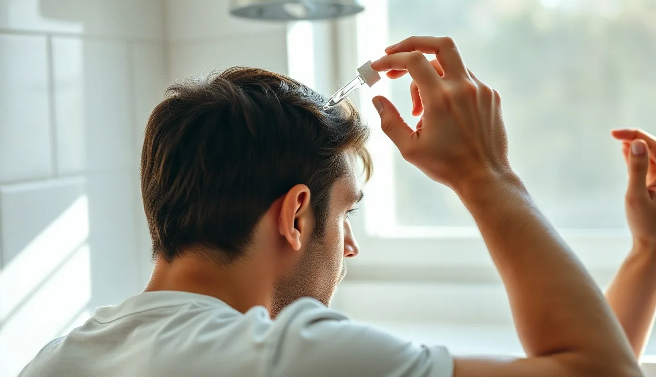 Man applying minoxidil solution to scalp with dropper at bathroom mirror