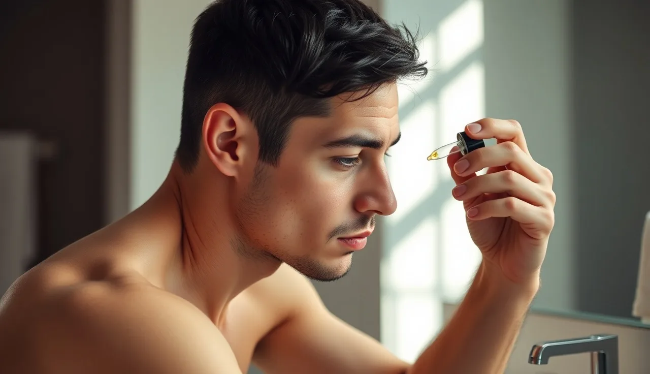 Man applying minoxidil drops to dry scalp in parted sections at bathroom vanity