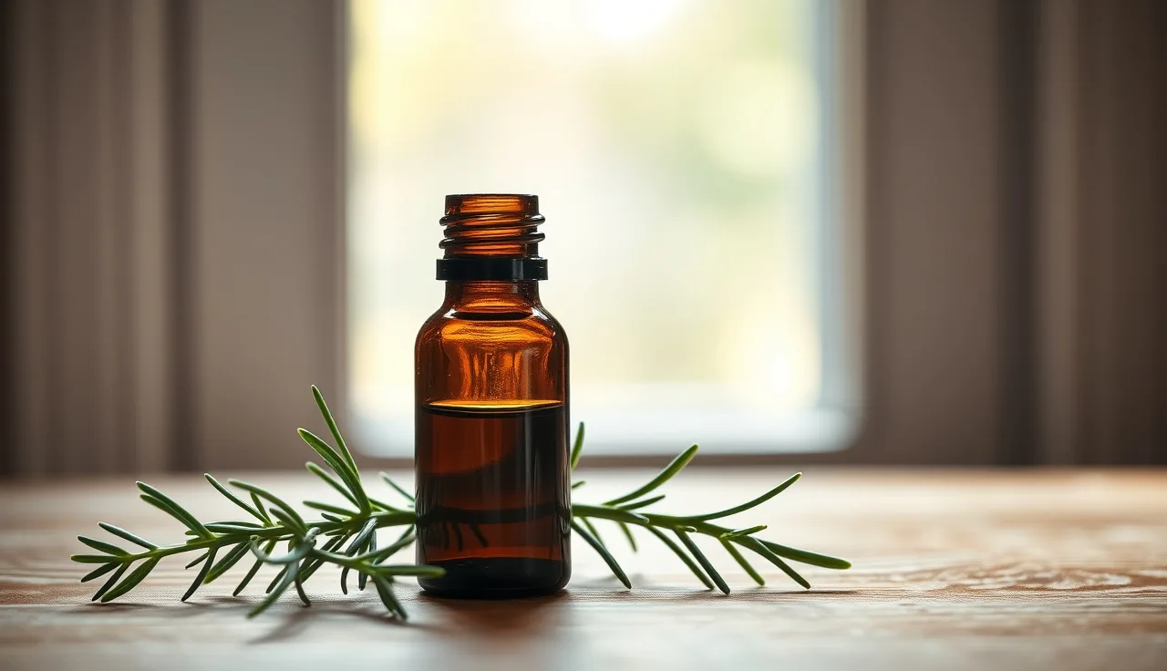 Small dark glass bottle of rosemary oil beside a fresh rosemary sprig on wood