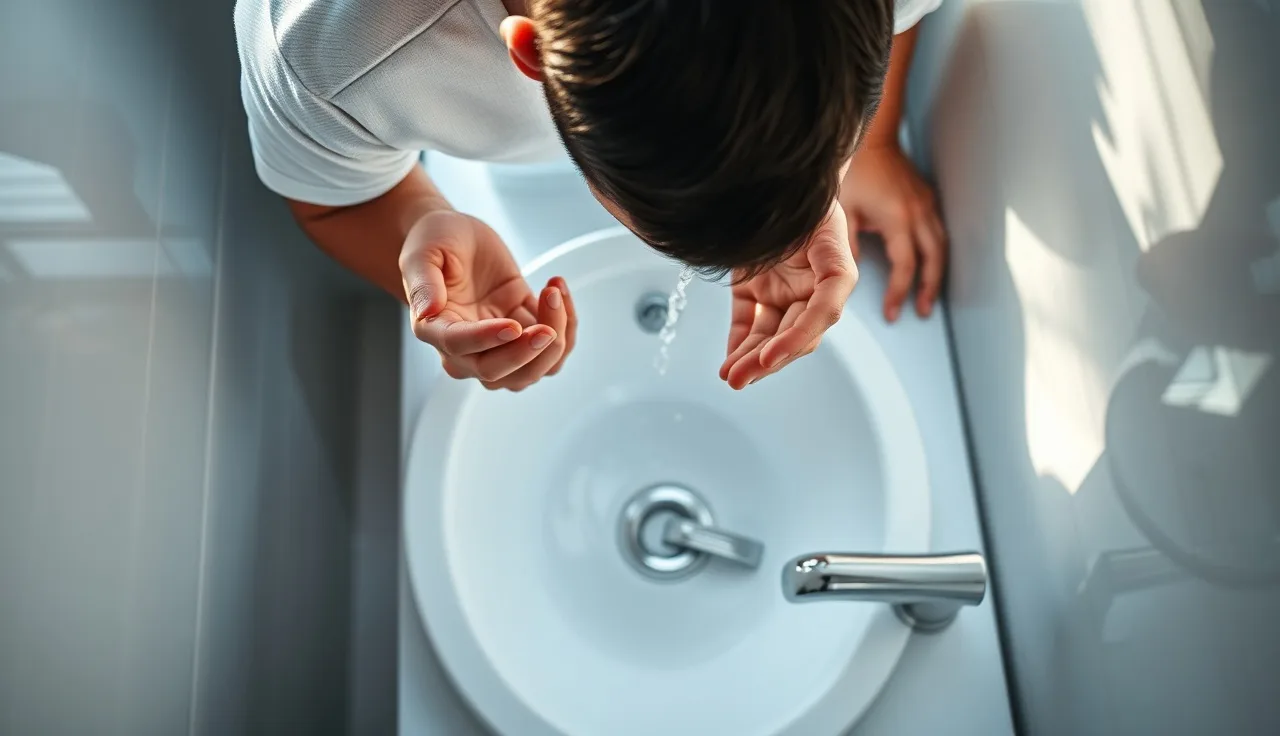 Man gently rinsing scalp with cupped water after hair transplant surgery