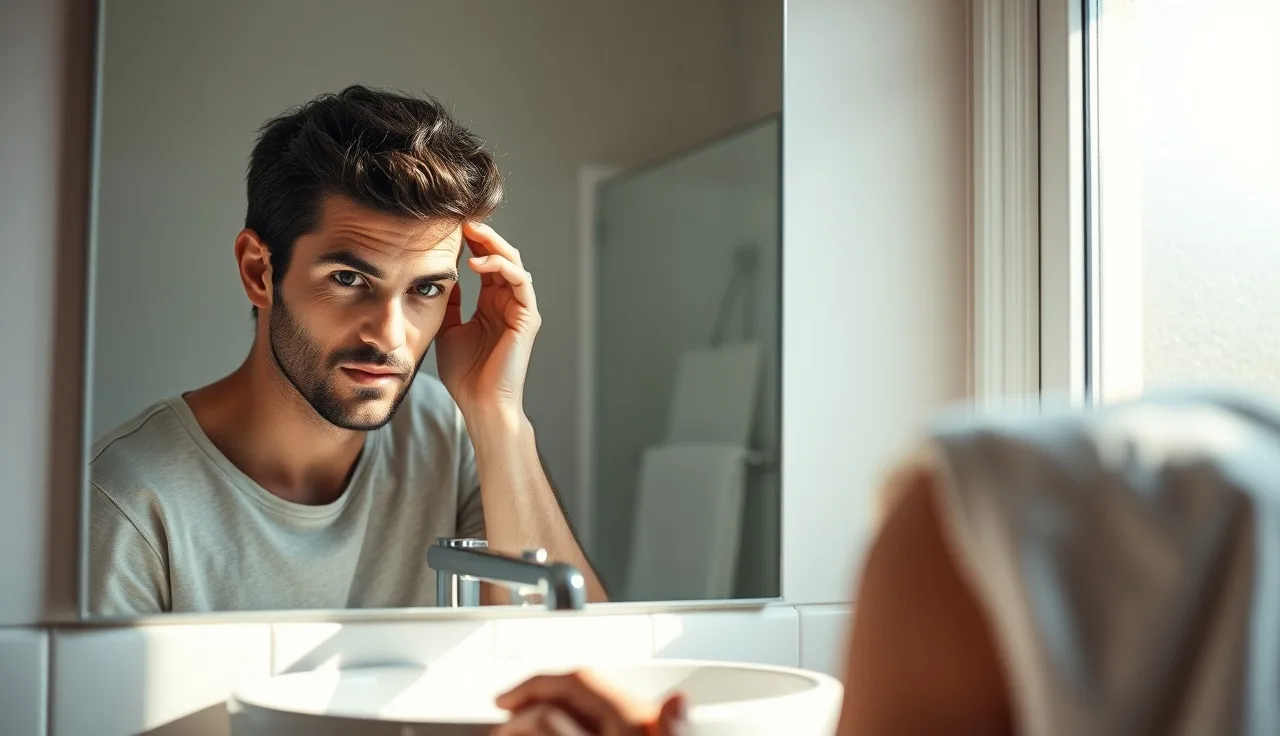 Young man examining his receding hairline in a bathroom mirror
