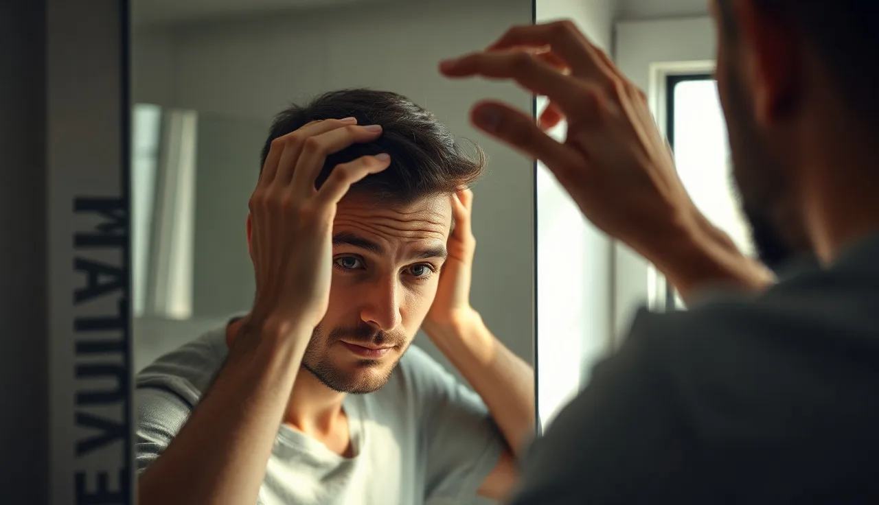 Man examining his hairline in bathroom mirror under natural window light