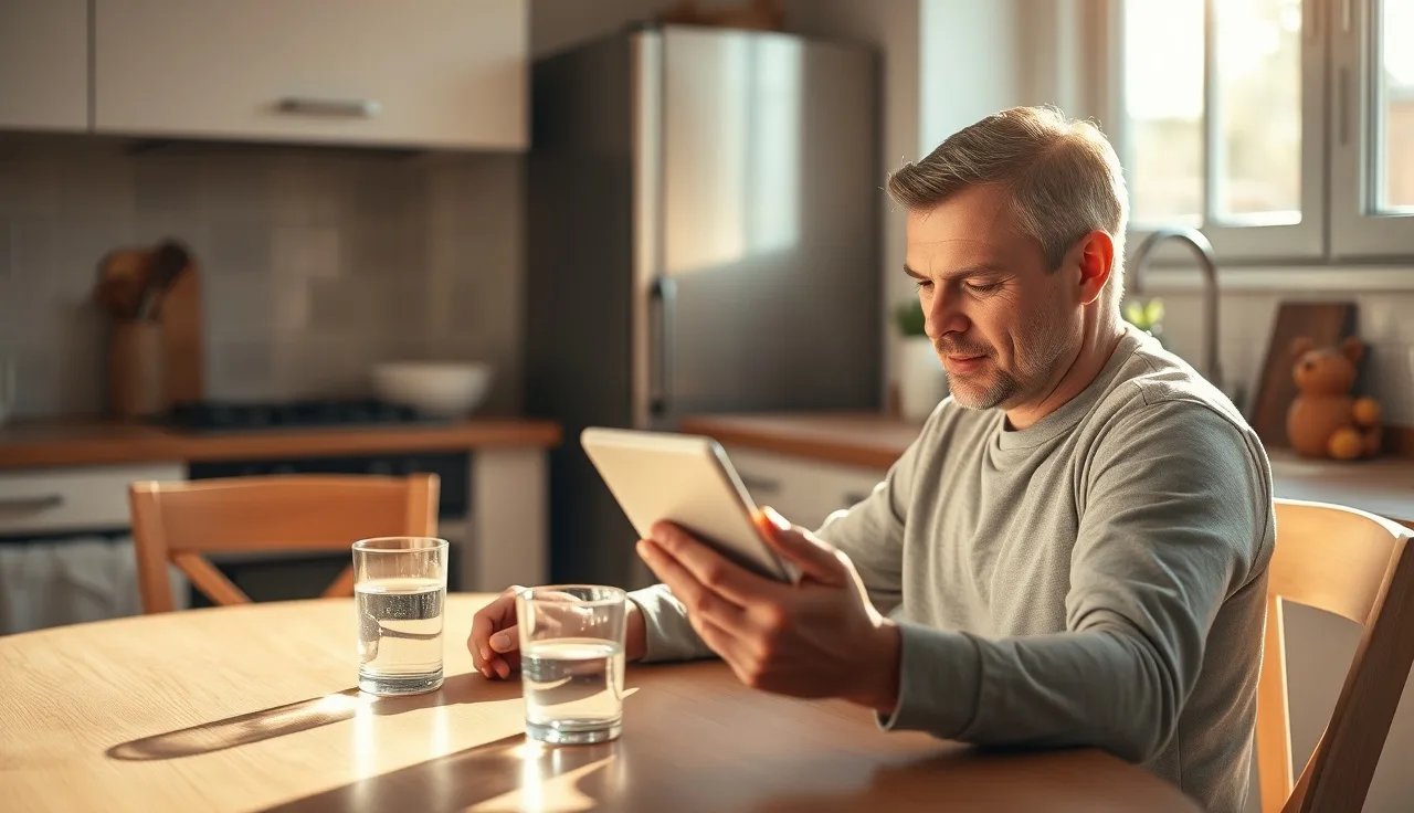 Man examining a finasteride tablet in morning light at kitchen table