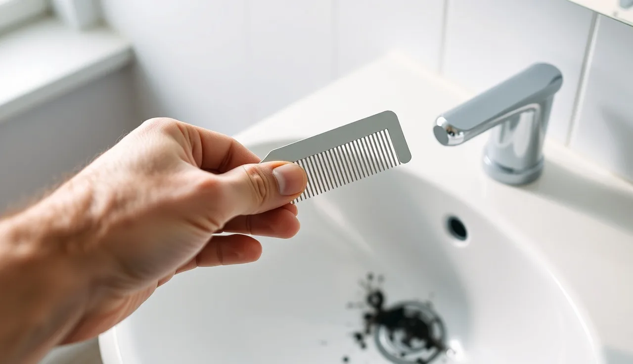 Man's hand holding a comb over a sink with shed hairs visible, finasteride shedding context