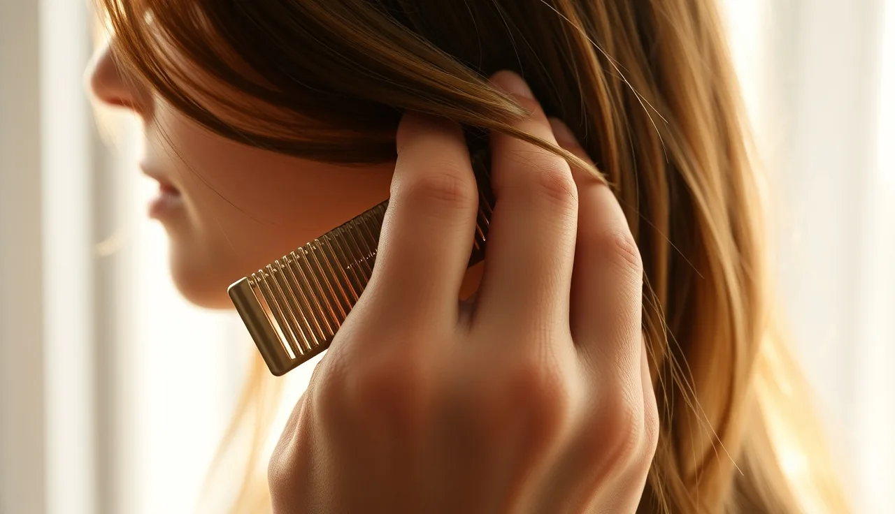 Woman examining shed hairs on a comb, illustrating anemia-related hair loss