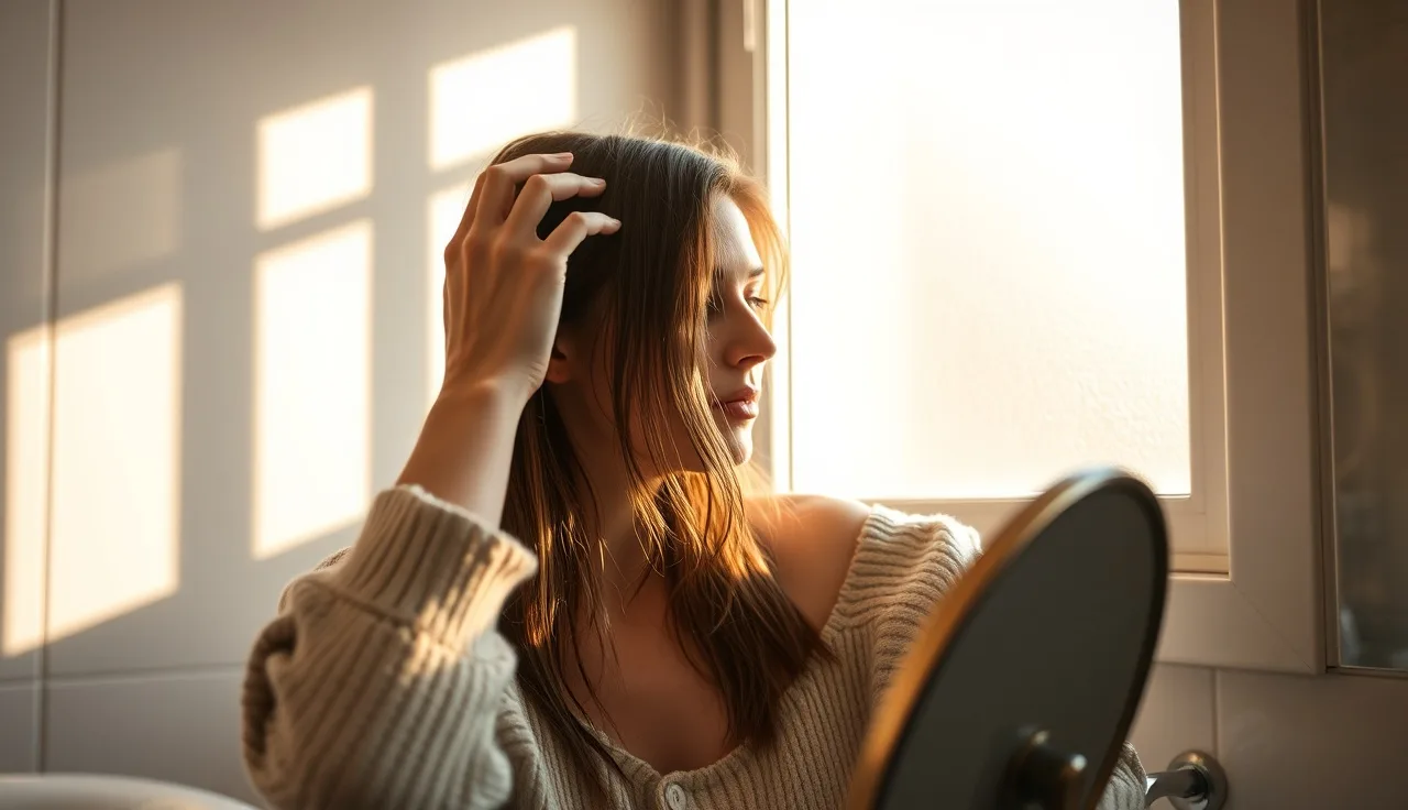 Young woman examining her scalp in a sunlit bathroom mirror for hair loss
