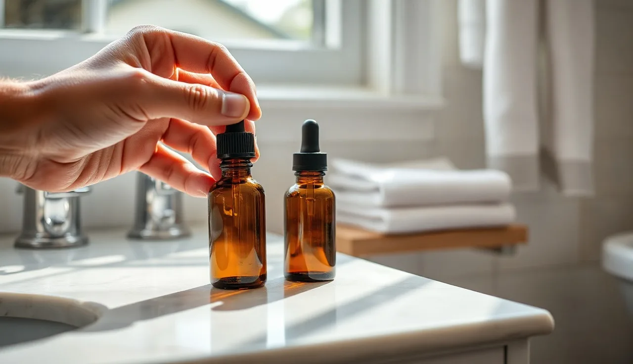 Two unlabeled dropper bottles on a marble counter representing minoxidil and DHT blocker hair treatments