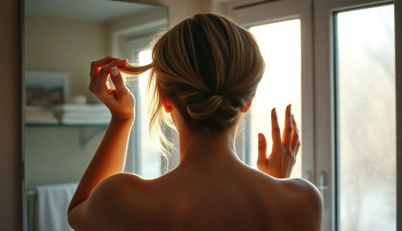 Woman examining scalp hair part in bathroom mirror to assess thinning