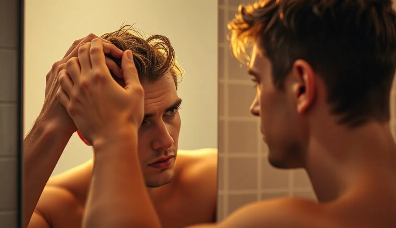Young man in his 20s checking his hairline in a bathroom mirror
