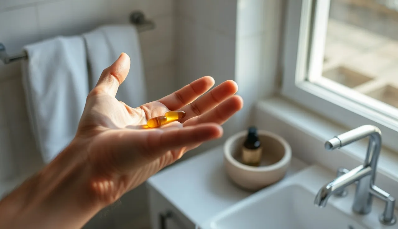 Man holding a supplement capsule near a bathroom window, representing DHT and hair loss supplements