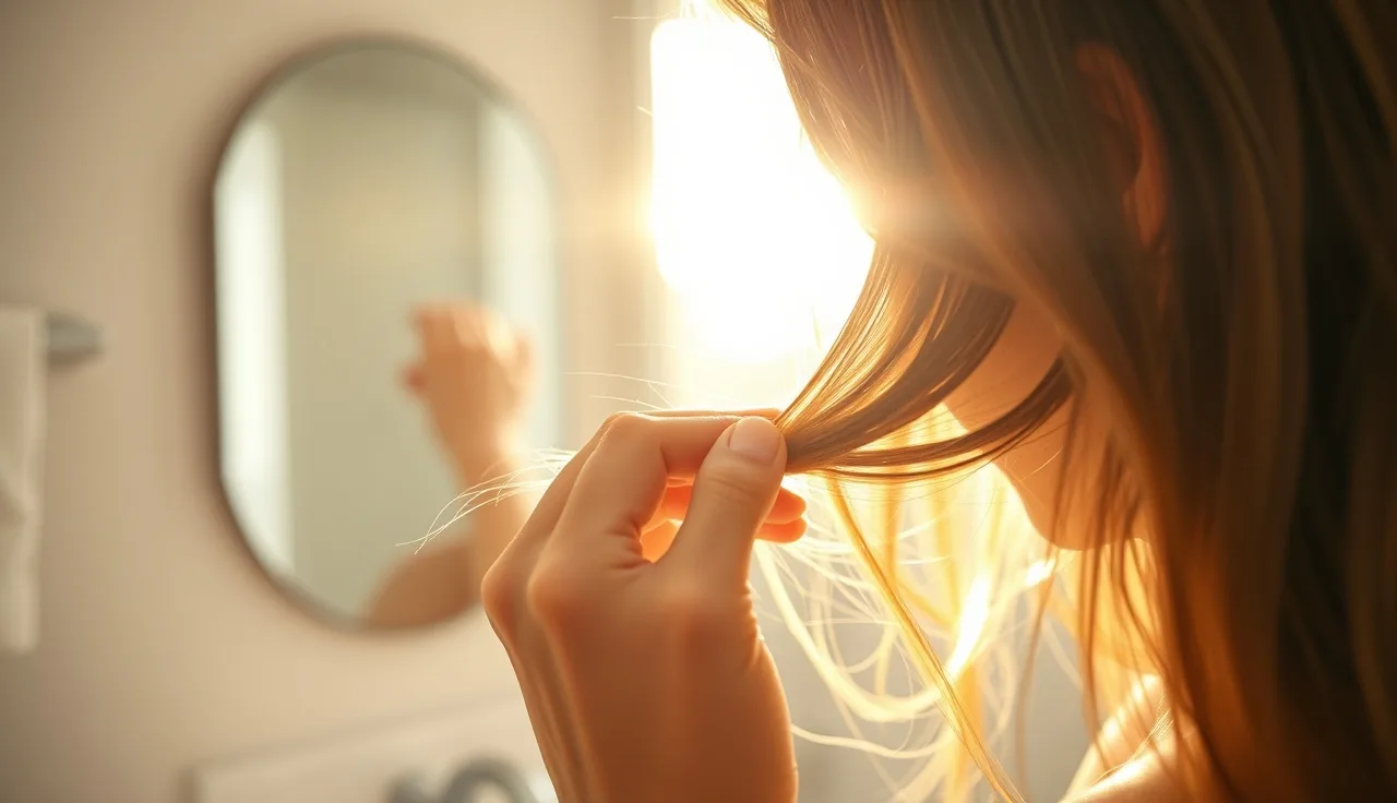 Woman examining scalp hair thinning in morning bathroom light