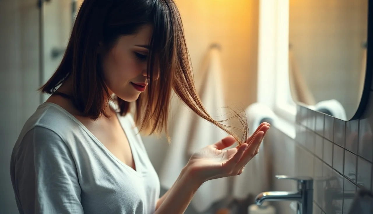 Woman examining hair strands in her palm, showing telogen effluvium hair shedding