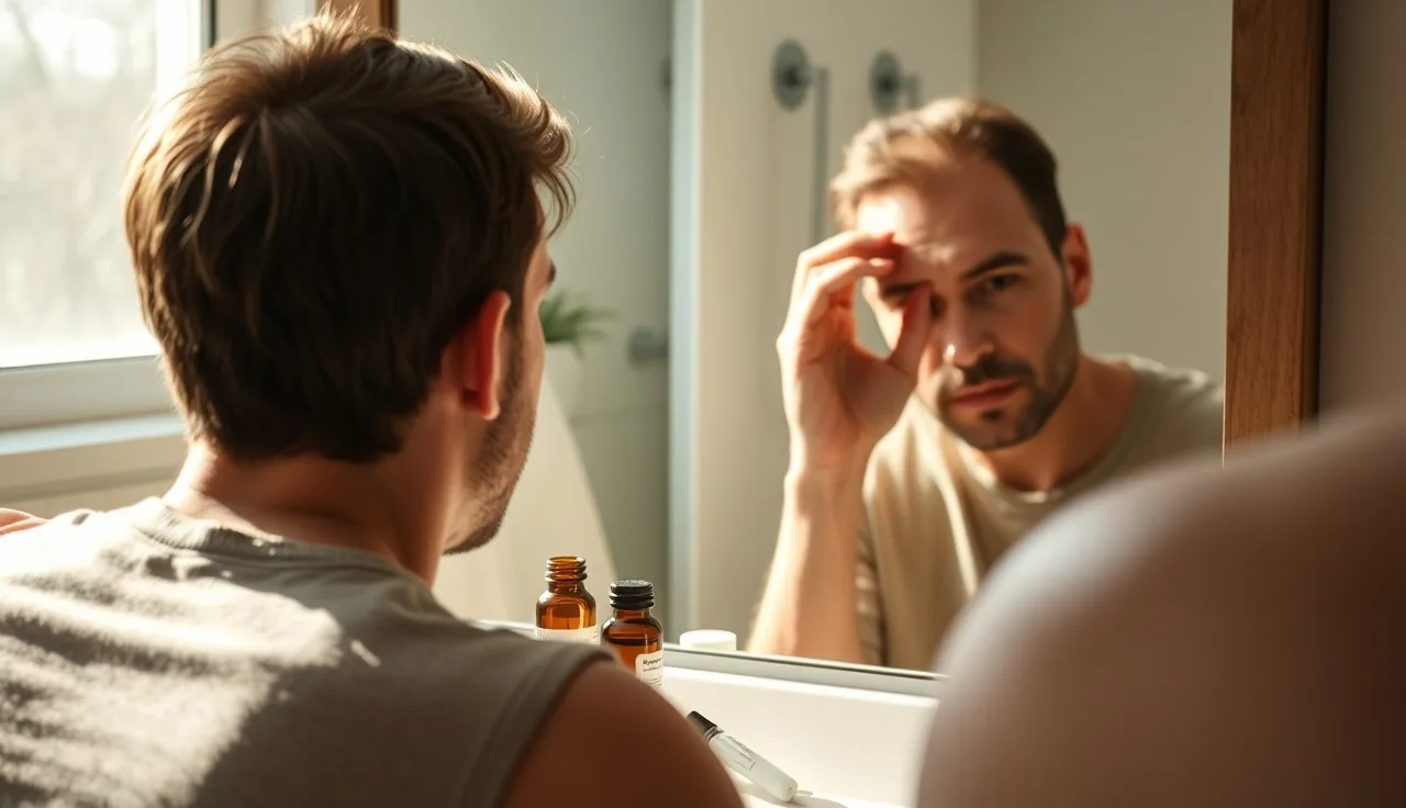 Person examining thinning hair in bathroom mirror with treatment bottles nearby