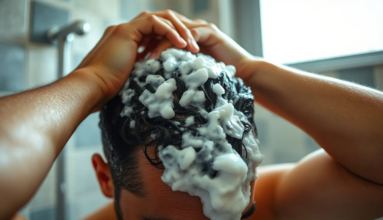 Man massaging ketoconazole shampoo into scalp in morning shower