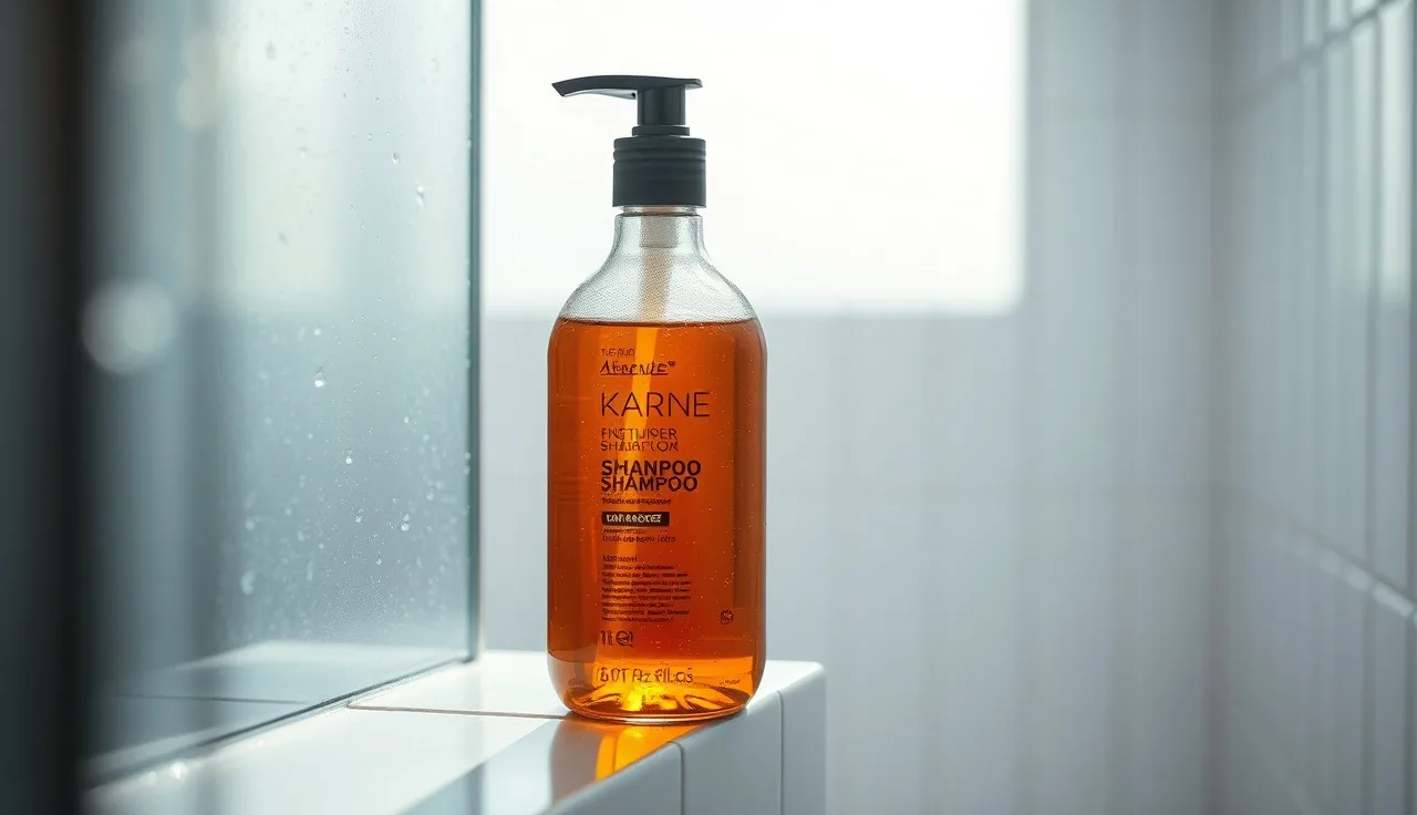 Amber shampoo bottle on shower ledge used for scalp and hair loss care