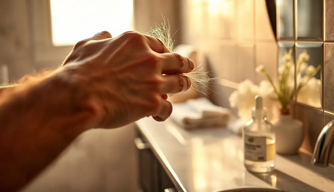 Man applying minoxidil solution to scalp with dropper on bathroom counter
