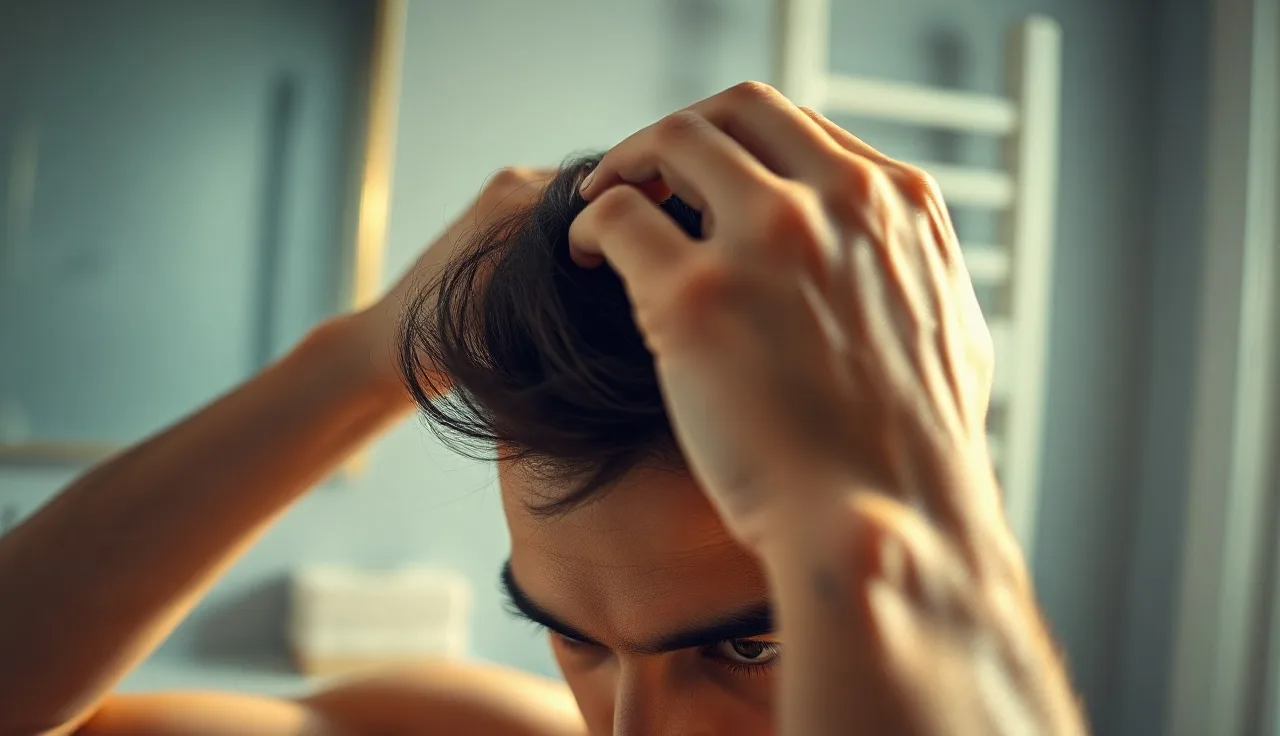 Man parting thinning crown hair at bathroom sink in morning light